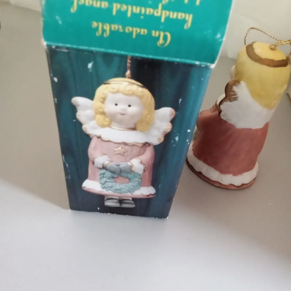 Vintage Porcelain Holiday Angel Bell Ornament Handpainted Pink Dress Wreath Box